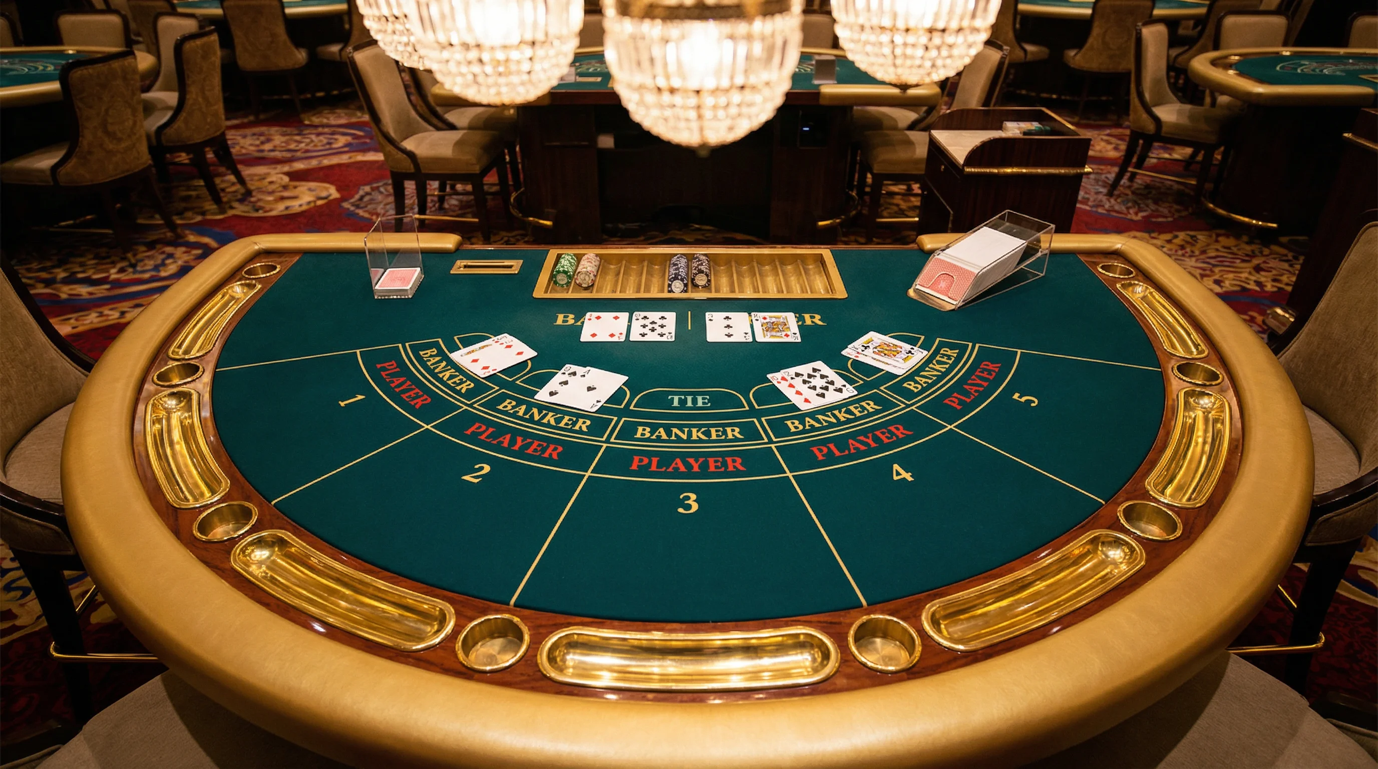 Mesa de bacará elegante en casino VIP con cartas y fichas