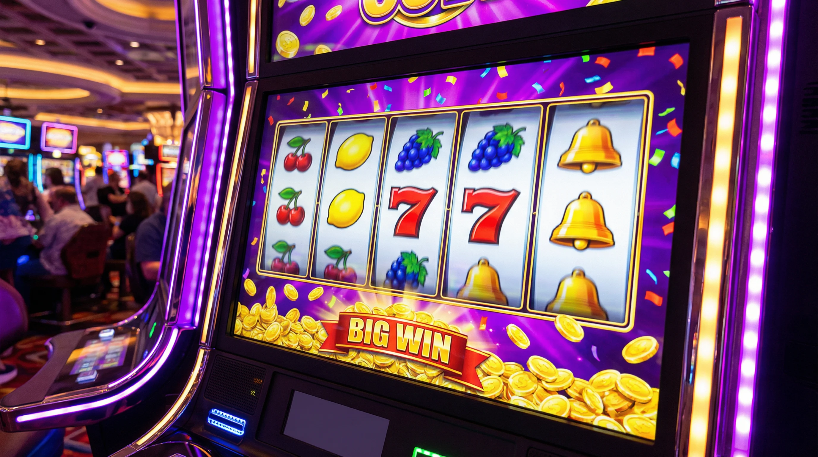 Máquina tragamonedas colorida con símbolos de frutas y número siete ganador